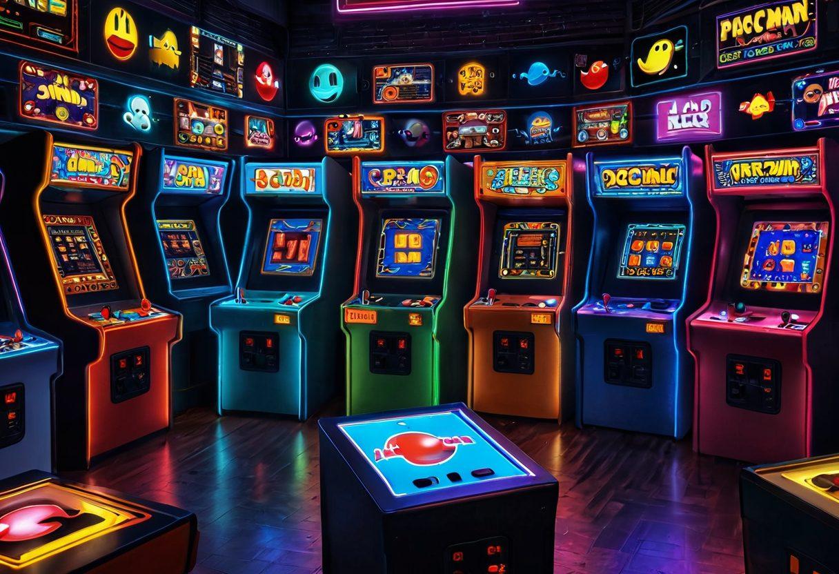 A vibrant retro arcade scene filled with colorful classic game machines, prominently featuring a glowing Pac-Man with ghosts nearby. Nostalgic details like neon lights, pixelated graphics, and excited players in 1980s attire create a lively atmosphere. Incorporate a whimsical, kaleidoscopic background that symbolizes joy and nostalgia. super-realistic. vibrant colors. digital art.
