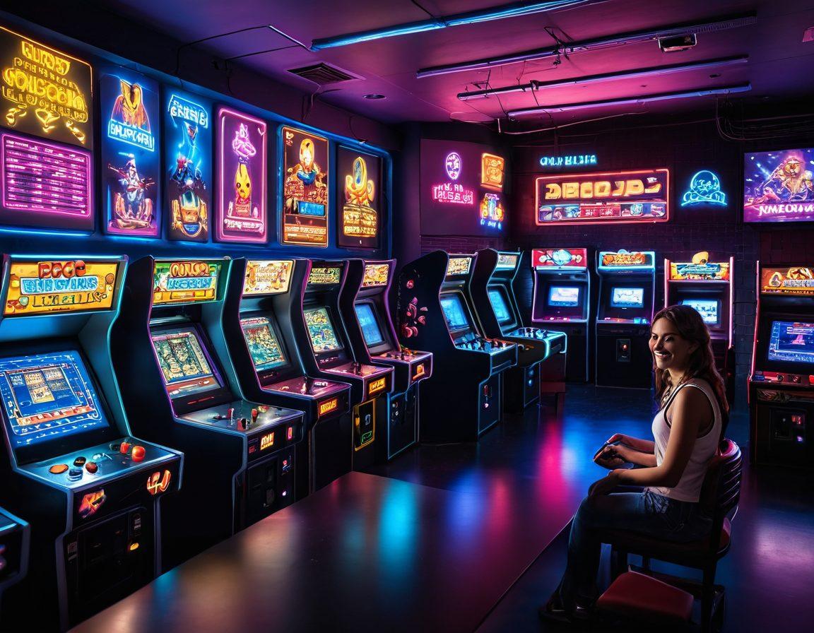 A vibrant scene showcasing a retro arcade with classic game machines like Pac-Man and Space Invaders, filled with colorful pixelated characters. A group of diverse friends, laughing and enjoying their time together, wearing 80s inspired clothing, surrounded by neon lights and digital screens displaying high scores. The atmosphere should be cheerful, invoking feelings of nostalgia and joy. super-realistic. vibrant colors. neon lights.